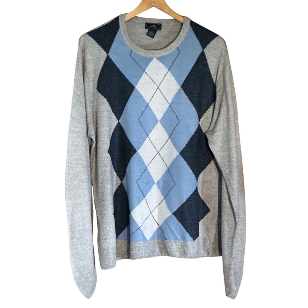 Dockers‎ Mens Argyle Crew Neck Sweater Gray Blue Acrylic Knit Pullover Large
